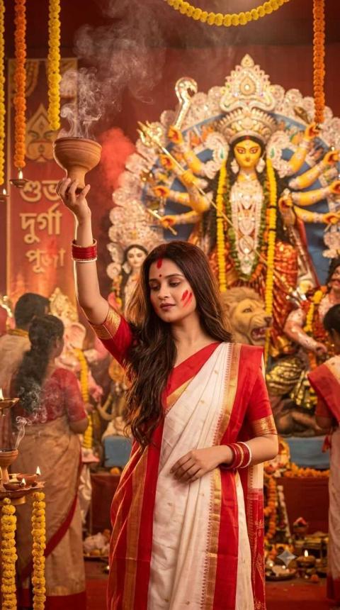 Cinematic Bengali Durga Puja Dhoop Portrait with Red White Saree