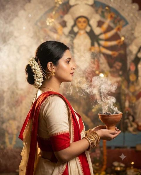 Cinematic Durga Puja Portrait with Cream-Red Saree, Gajra, Kaan Pasha