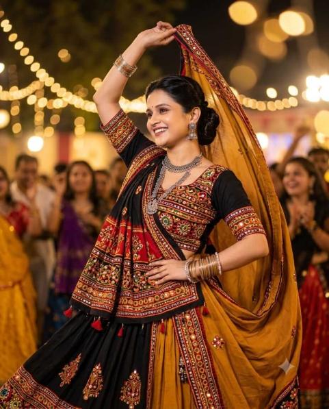Garba Portrait with Black Red Chaniya Choli, Silver Jewelry and Golden Bokeh